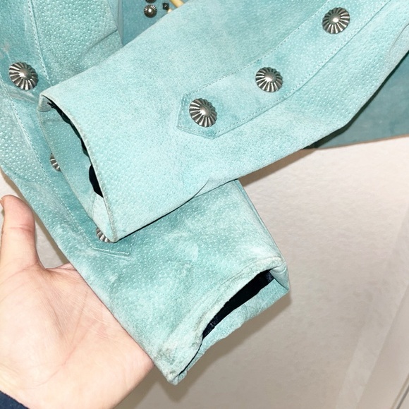 Vintage 💯 Suede Embellished Beaded Military Style Jacket Tiffany Blue SZ: Large - Picture 14 of 16